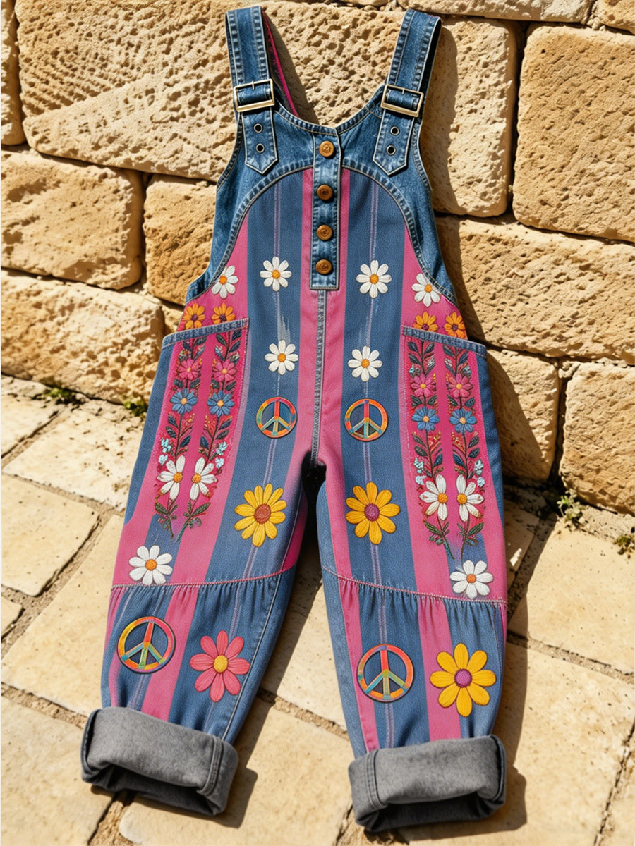 Women's Retro Style Art Print Washed Cotton Denim Patchwork Jumpsuit